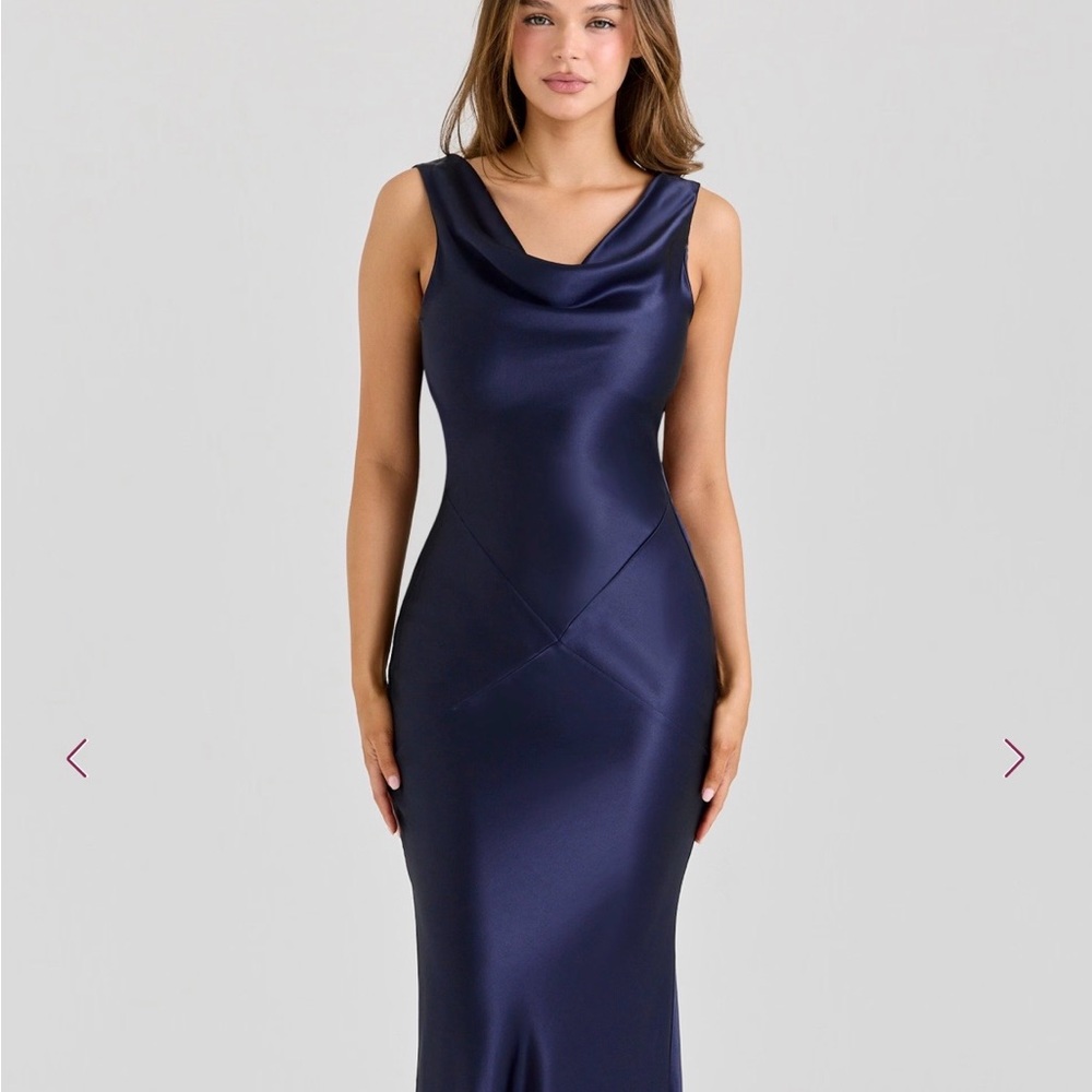 NWT House of CB Safaira Navy Satin Cowl Neck Open Back Maxi Dress L